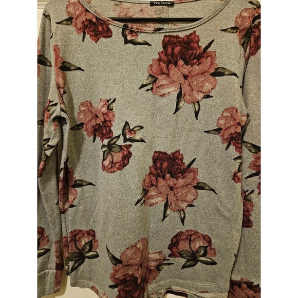 Pink Clover Sweater Size Large Grey and Pink Floral Very Soft - Picture 5 of 6